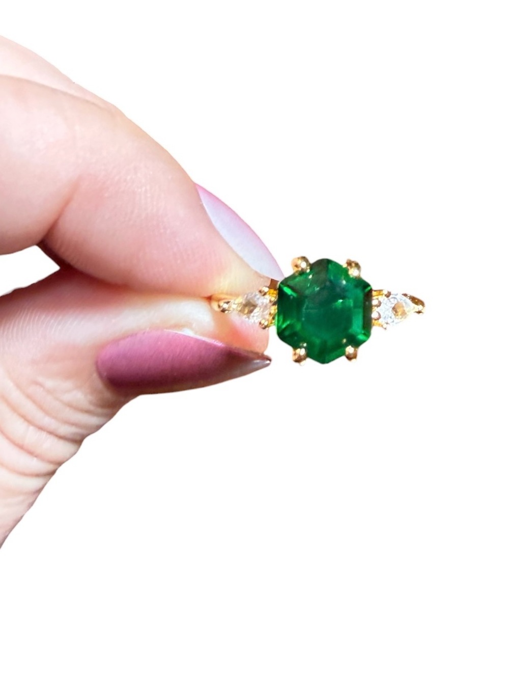 Emerald Green Glass Gold-Tone Solitaire Ring with Accent Stones- Pronged Hexagon